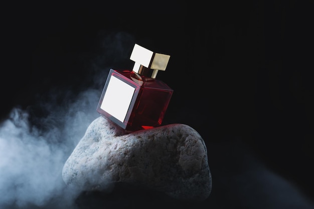 El perfume se encuentra sobre una piedra en humo.