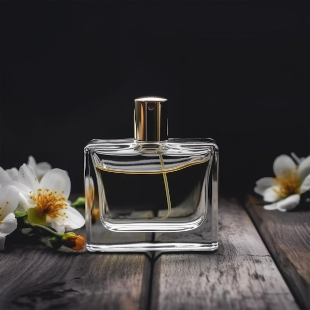 Perfume femenino con flores en madera