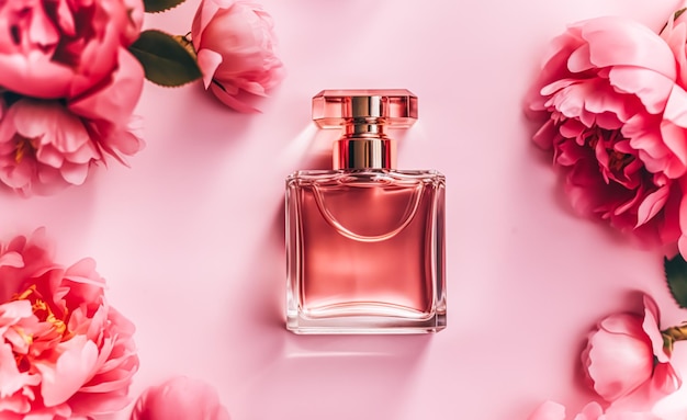 Perfume feminino com perfume floral frasco de fragrância de luxo flatlay e flores de peônia em fundo rosa IA generativa