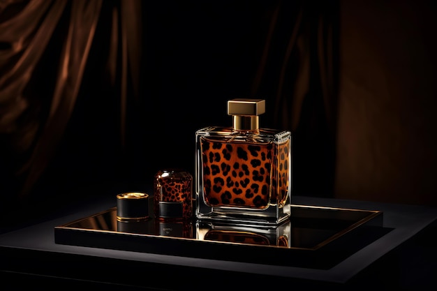 Perfume feminino em uma garrafa de vidro em um fundo escuro na rede neural de design selvagem leopardo ai