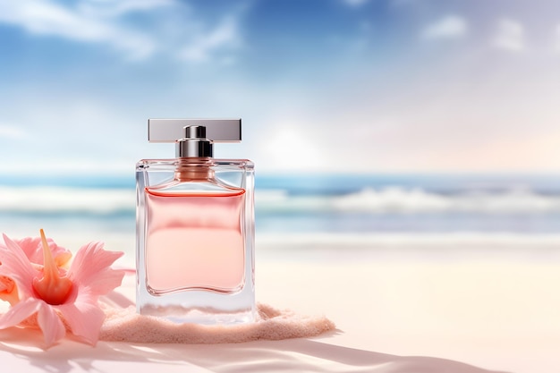 Perfume de fragancia junto a la playa y flores en la mesa