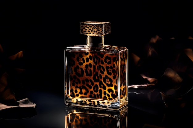 Perfume de mujer en una botella de vidrio sobre un fondo oscuro en la red neuronal de diseño salvaje de leopardo ai