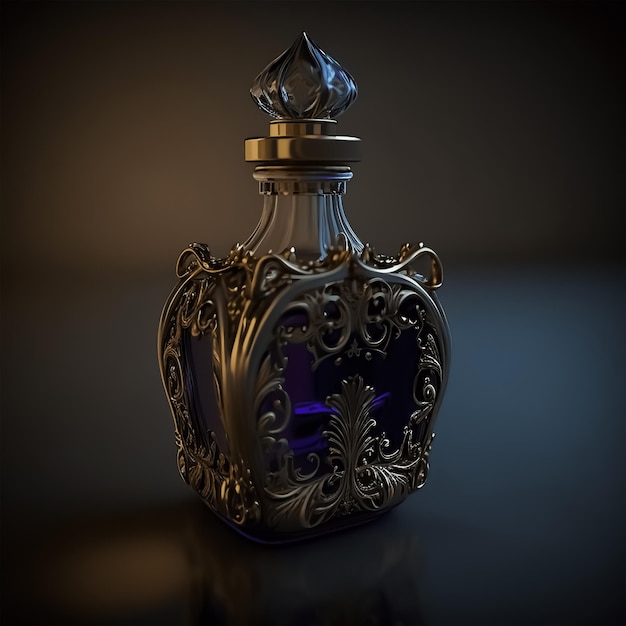 Perfume de oro y púrpura de lujo sobre fondo negro 3D