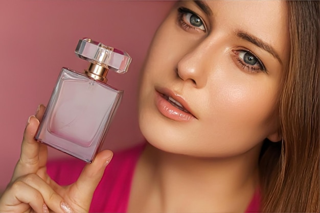 Perfume producto de belleza y cosméticos modelo cara retrato sobre fondo rosa hermosa mujer sosteniendo botella de fragancia con aroma femenino floral moda y maquillaje