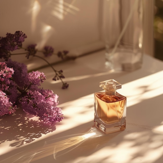 Perfume realista con flores de lila en el fondo