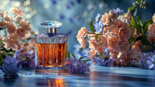 Perfumes apresentados em um fundo azul fresco seleção de fragrâncias elegantes detalhadas AI Generative