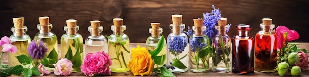 Foto perfumes naturais de flores e ervas uma fileira de garrafas de perfume colocadas na mesa