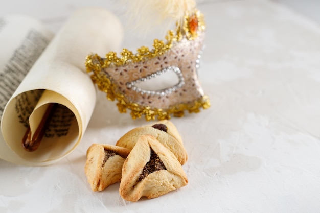 Pergamino de las galletas de las orejas de Esther haman y objetos del Festival de Purim