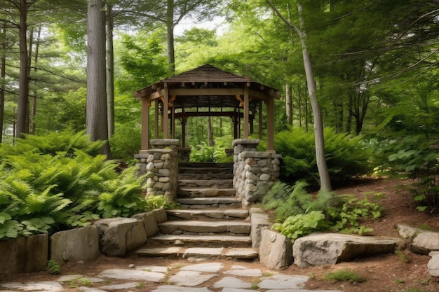 Pérgola y cenador en bosque con escalones de piedra natural