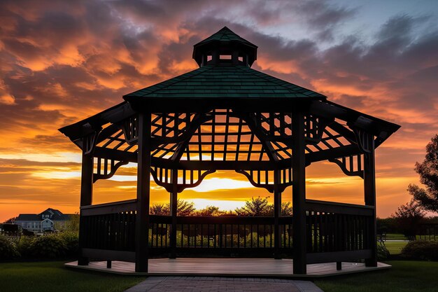 Pérgola y cenador contra un cielo al atardecer