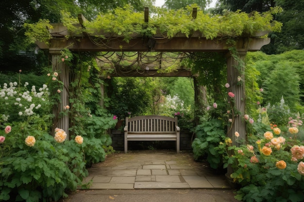 Pergola cercada por vegetação exuberante e flores criando um ambiente sereno