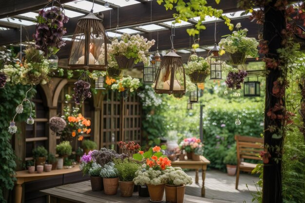 Pérgola con cestas colgantes de flores y farolillos para un ambiente romántico