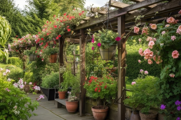 Pérgola con cestas colgantes de flores florecientes en un hermoso jardín