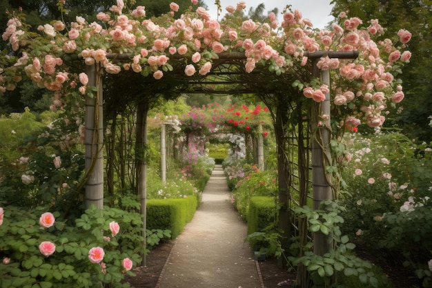 Foto pergola coberta de rosas florescendo cercada por folhagem verde