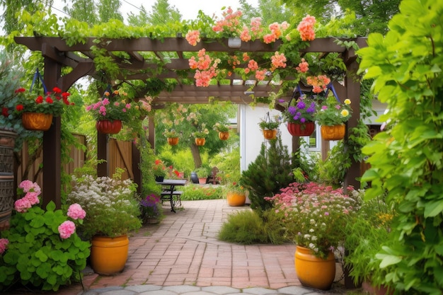 Pergola com cestos de flores e lanternas no jardim