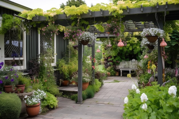 Pergola com cestos suspensos de plantas e lanternas