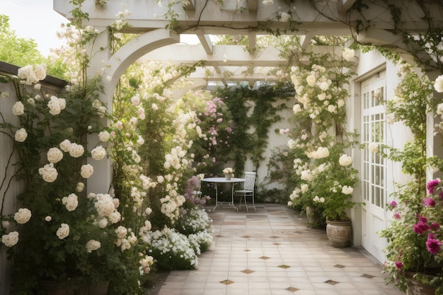 Pergola com rosas trepadeiras e vasos pendurados em um pátio de pedra branca