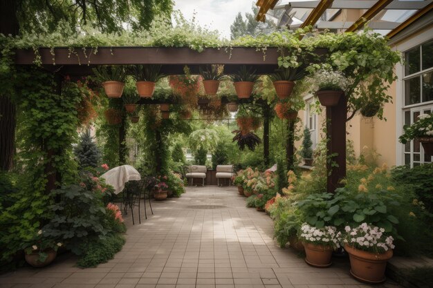 Pergola com vasos de plantas e cestas suspensas cercadas por uma vegetação luxuriante