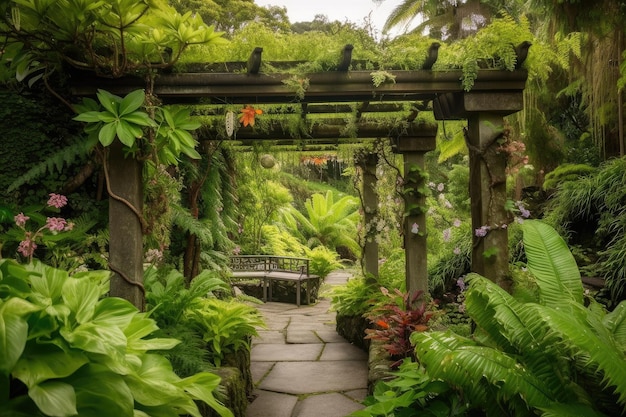 Pergola com vista para o jardim e cascata cercada por uma vegetação luxuriante