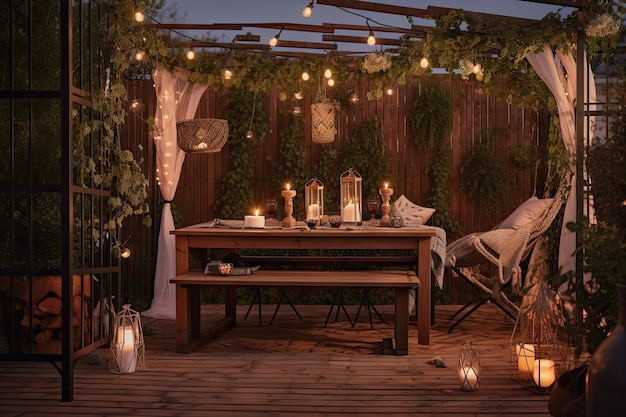 Pergola decorada com plantas suspensas, lanternas e velas para uma noite romântica