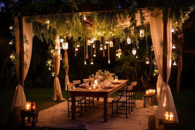Pergola decorada com plantas suspensas, lanternas e velas para uma noite romântica
