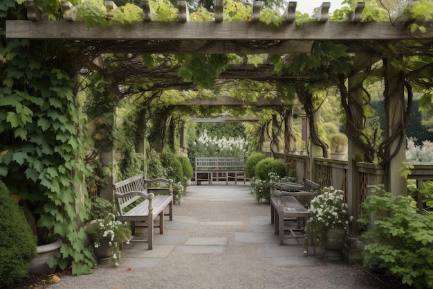 Pérgola con enredaderas colgantes y sillas de jardín