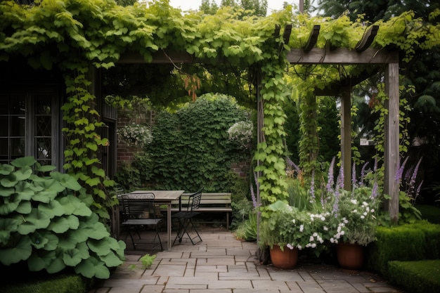 Pérgola con enredaderas colgantes y sillas de jardín