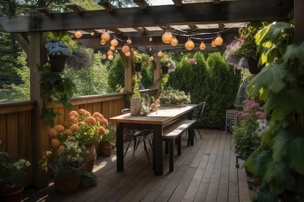 Pérgola con farolillos colgantes y jarrones de flores en una cubierta