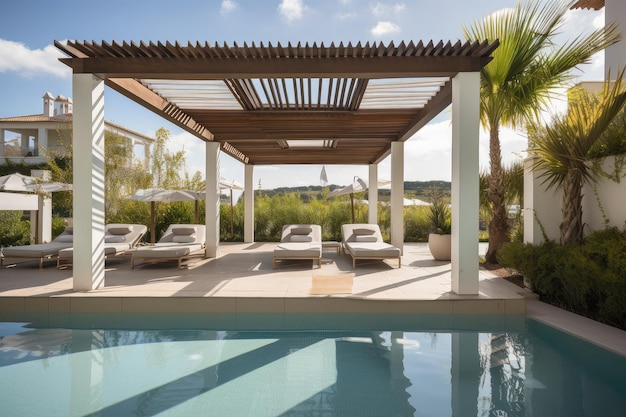 Pérgola de lujo con tumbonas y sombrillas rodeada de una piscina espectacular