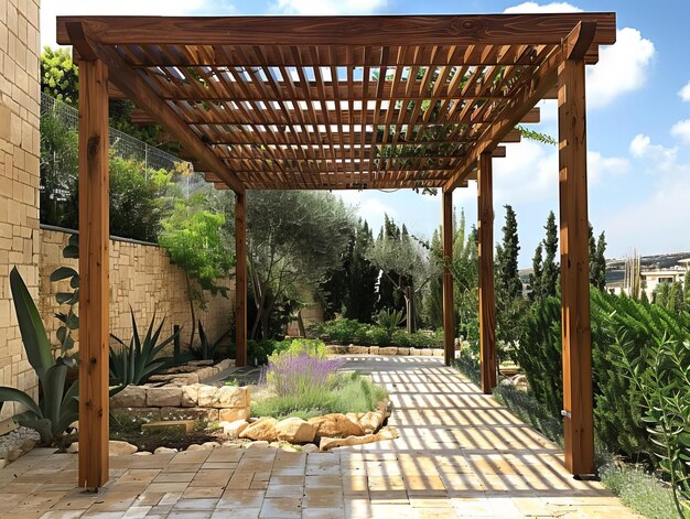 La pérgola de madera añade sombra y estilo