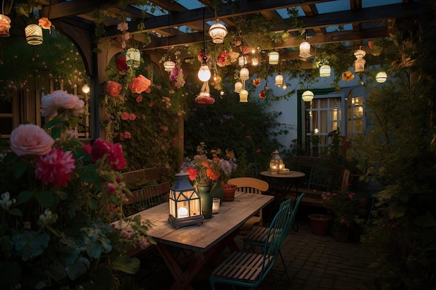 Pergola mit hängenden Blumenkörben und Laternen für romantische Atmosphäre