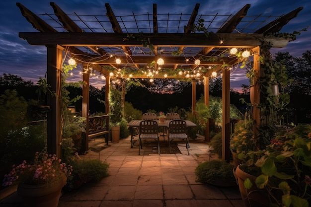 Pergola mit hängenden Körben und Laternen, die den Nachthimmel erhellen