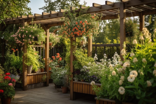 Pergola mit hängenden Körben voller blühender Blumen in einem wunderschönen Garten