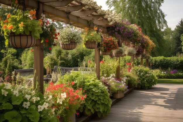 Pergola mit hängenden Körben voller Blumen im Hintergrund eines Gartens