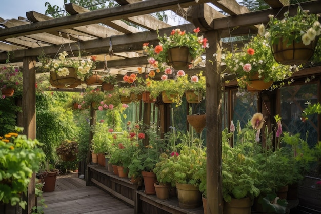 Pergola mit Hängetöpfen und Blumenarrangements