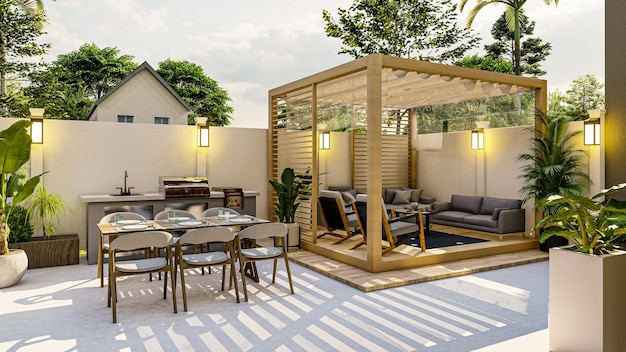 Foto pérgola moderna con diseño y renderizado de zona de estar