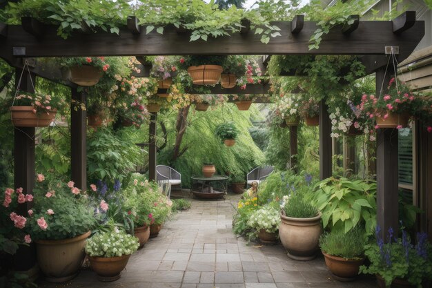 Pérgola con plantas en macetas y cestas colgantes rodeada de exuberante vegetación