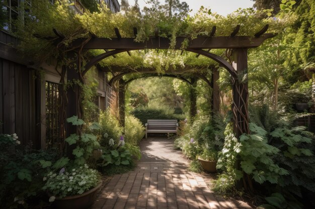 Una pérgola rodeada de exuberante vegetación que ofrece serenidad y privacidad.