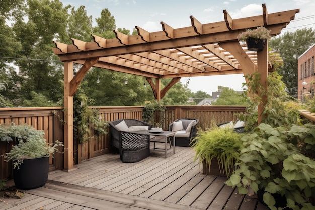 Pérgola sobre la terraza con sillones y plantas en macetas