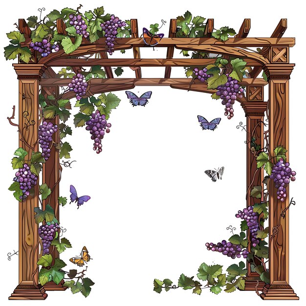 Foto pergola trellis hecha de madera de secuoya decorada con uvas y collage contorno de arte concepto de diseño cnc