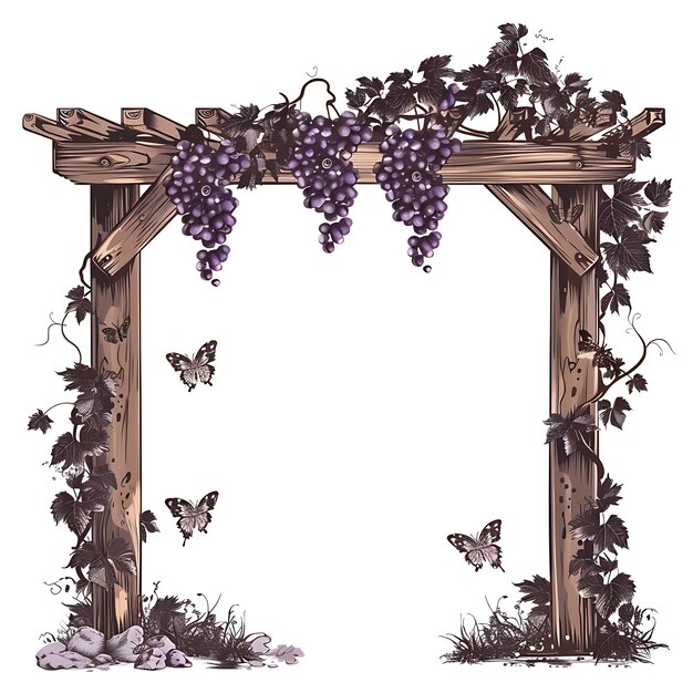 Foto pergola trellis hecha de madera de secuoya decorada con uvas y collage contorno de arte concepto de diseño cnc