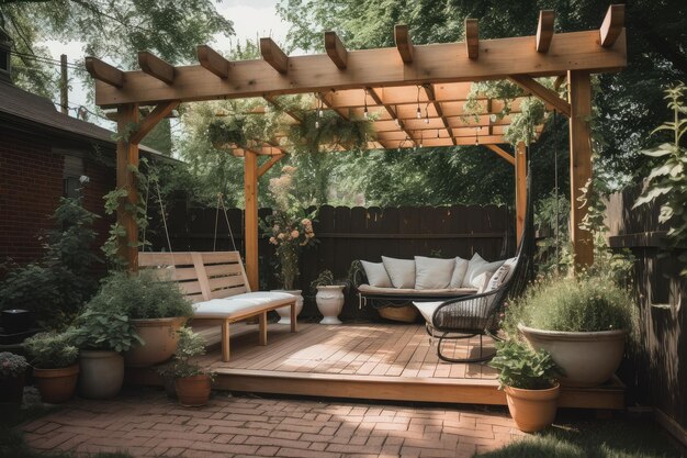 Pergola über Deck mit Liegestühlen und Topfpflanzen