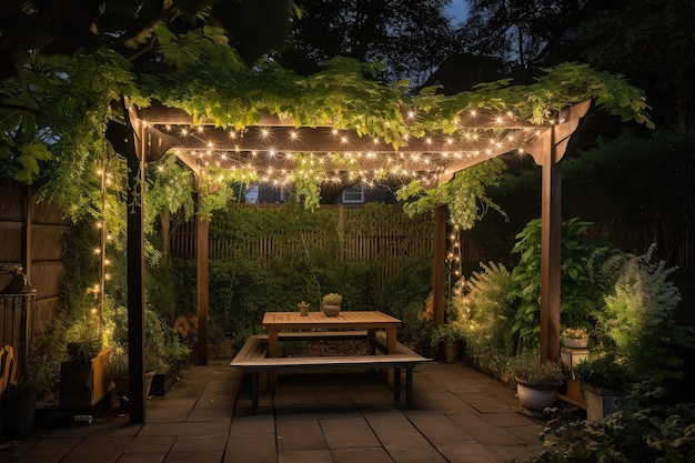 Pérgula com vegetação luxuriante e luzes cintilantes para um cenário de sonho ao ar livre