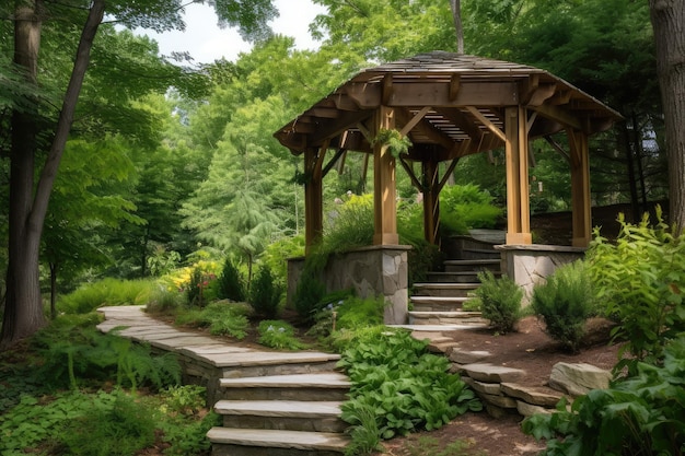 Pérgula e gazebo na floresta com degraus de pedra natural