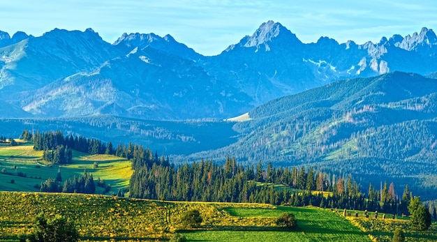 Periferia da aldeia de montanha de verão e cadeia de Tatra atrás (Gliczarow Gorny, Polônia)