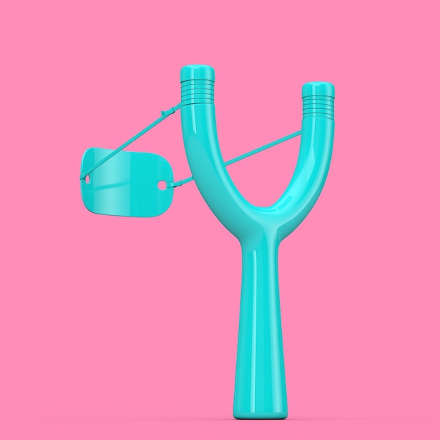 Foto perigo arma de brinquedo de estilingue azul de madeira no estilo duotone em um fundo rosa. renderização 3d