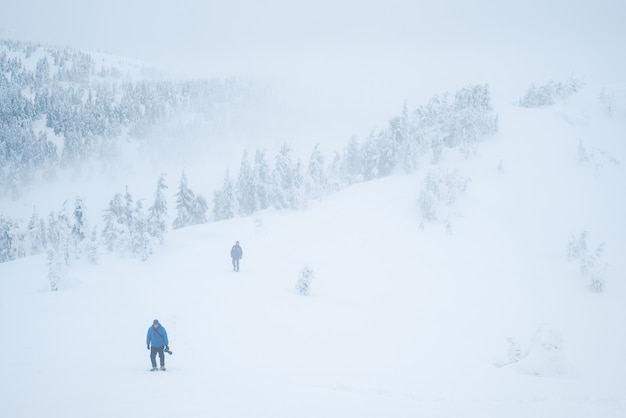 Perigo de montanhas de inverno. Turistas perdidos no nevoeiro. Mau tempo com pouca visibilidade