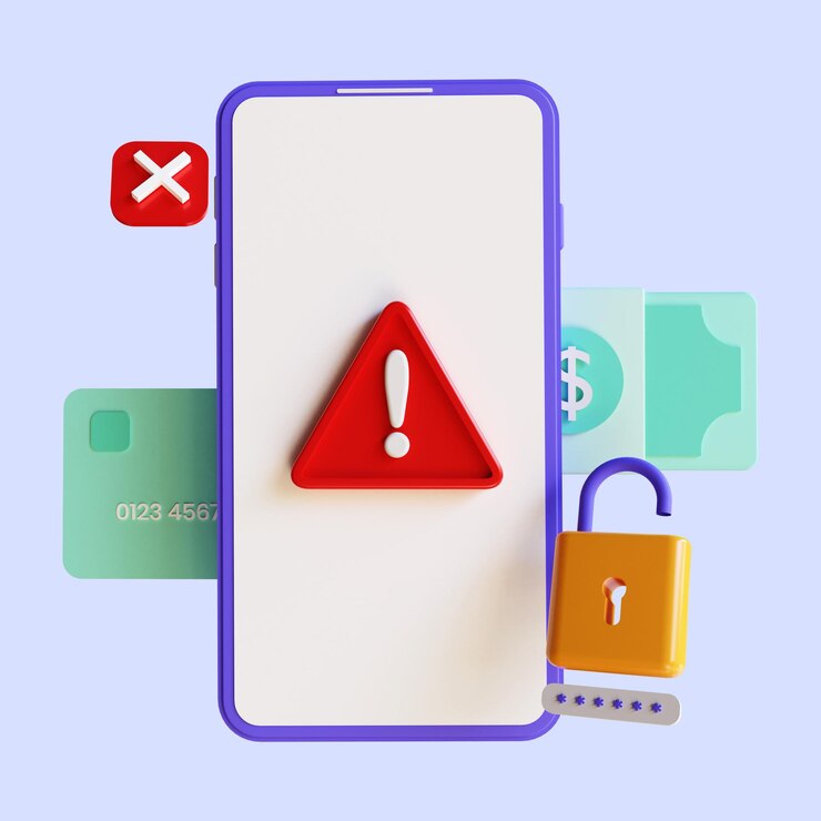 Perigo vermelho com símbolo de exclamação, aviso de fraude móvel, alerta de fraude online, mensagem importante