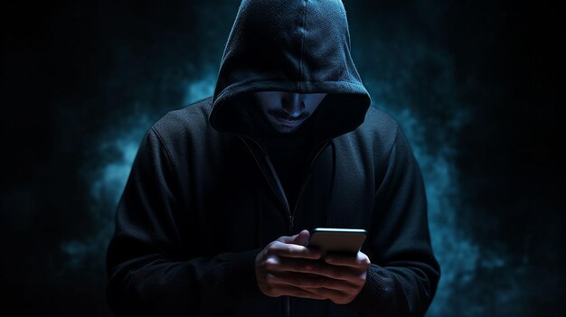 Perigoso hacker encapuzado com smartphone na mão Internet cibercrime ciberataque