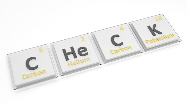 Periodensystem der Elementsymbole, die verwendet werden, um das Wort Scheck isoliert auf Weiß zu bilden